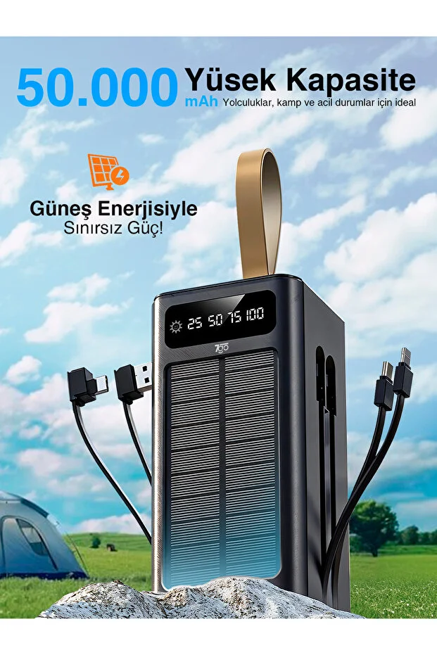 GPW-01 50.000 mAh Solar Powerbank – 22.5 W Hızlı Şarj, Dahili Kablolu, LED Ekranlı Taşınabilir Ş